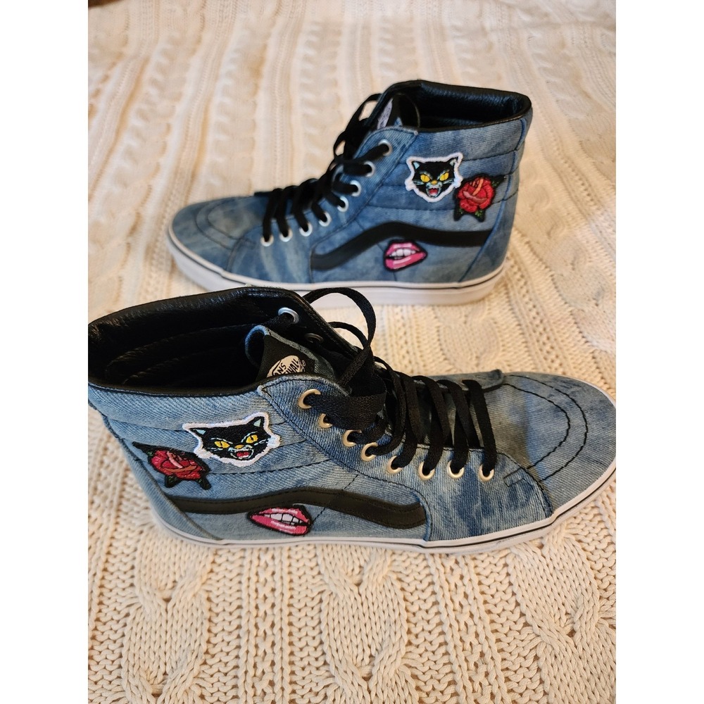 Vans Sk8-Hi Acid Denim Patches High Top Mens 8 Womens 9.5 Skate Shoes Cat Rose